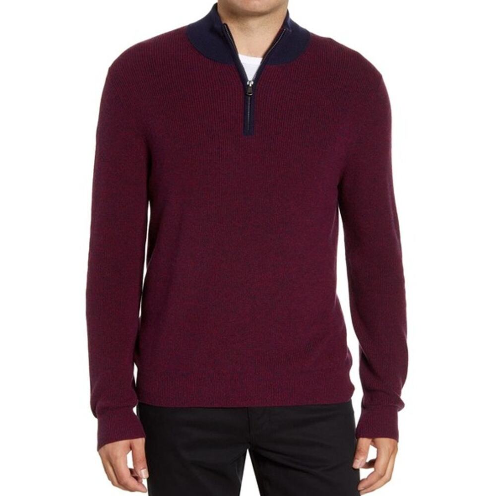 Zachary Prell Crawford Wool Silk 1/4 Zip Sweater Burgundy Navy Men's 3XL Knit